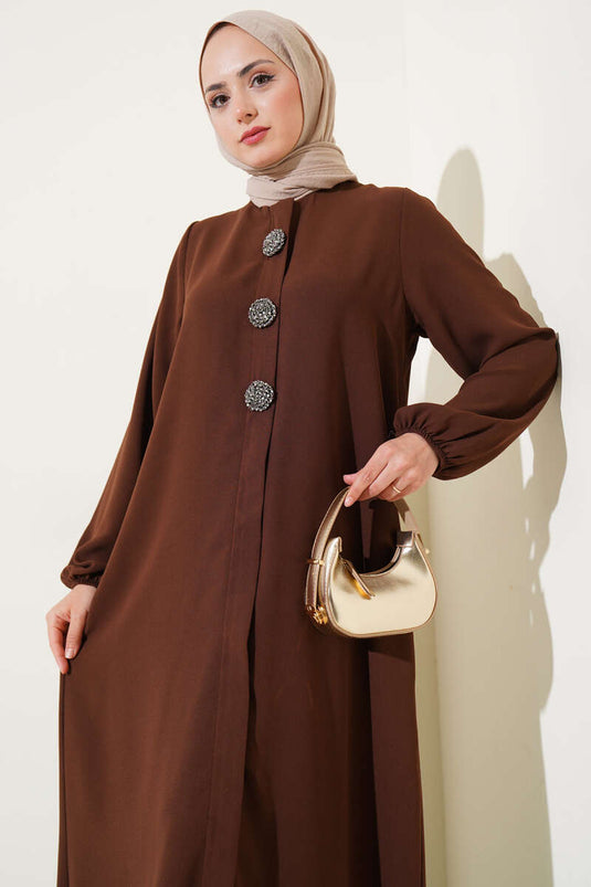 Taş Düğmeli Detaylı Büyük Beden Ferace Kahve