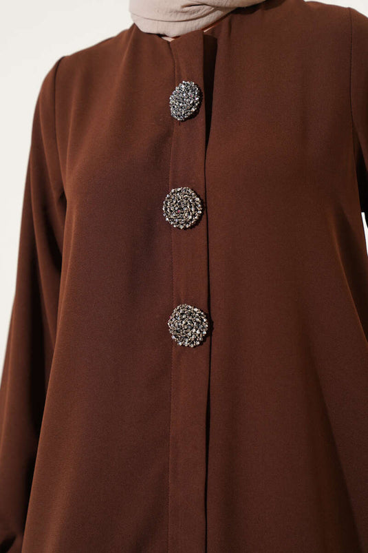 Stone Button Detailed Plus Size Abaya Brown
