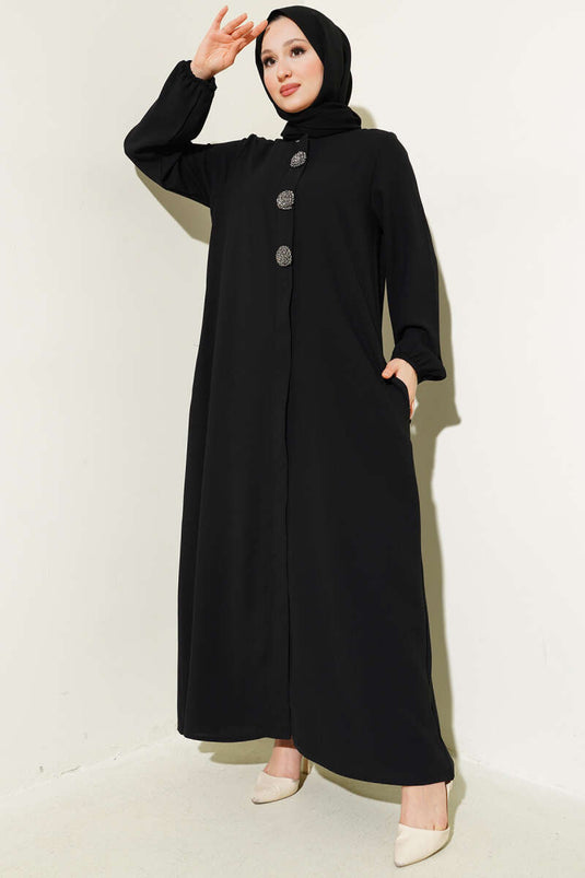 Stone Button Detailed Plus Size Abaya Black