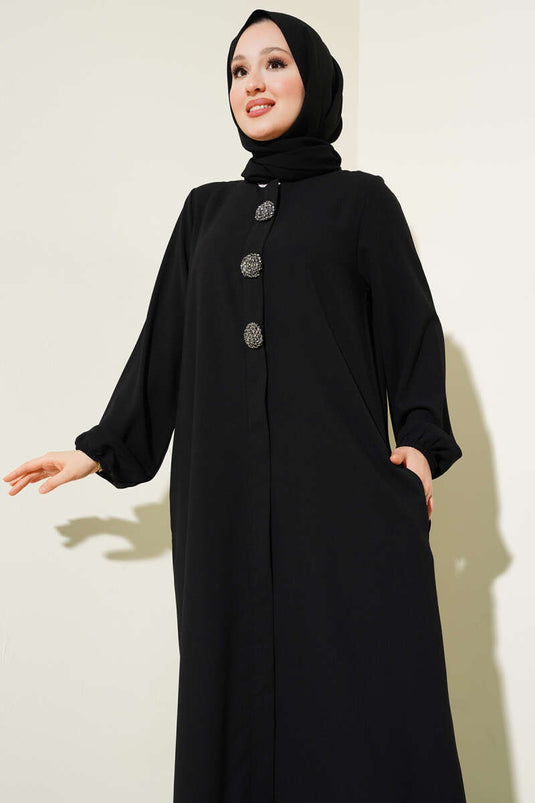 Stone Button Detailed Plus Size Abaya Black