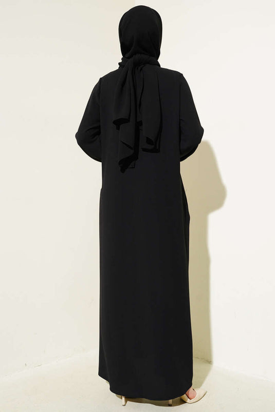 Stone Button Detailed Plus Size Abaya Black