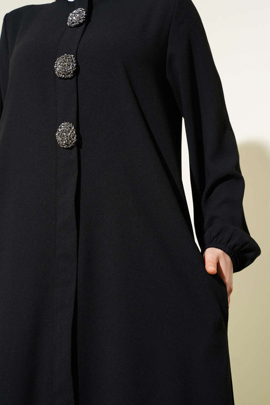 Stone Button Detailed Plus Size Abaya Black
