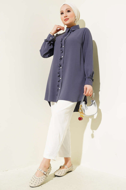 قميص دخاني بأزرار حجرية مكشكشة