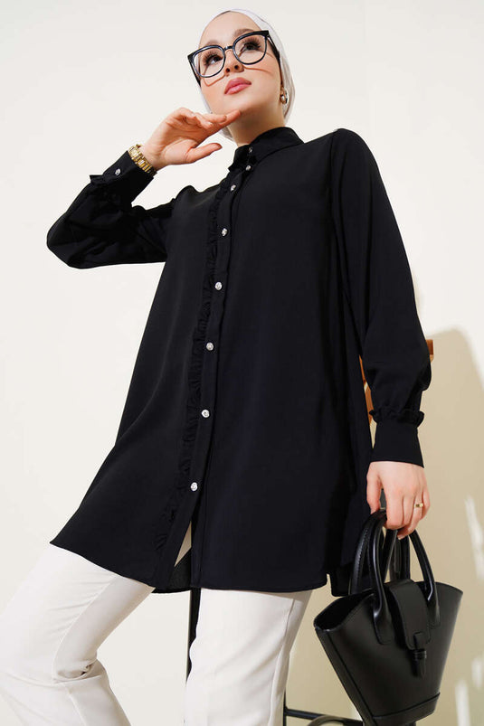 Taş Düğmeli Fırfırlı Gömlek Siyah