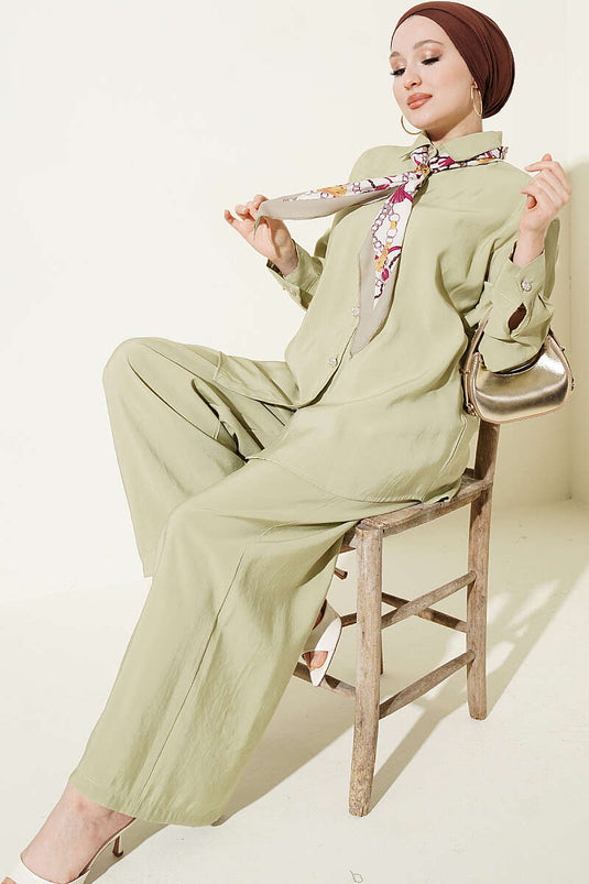 Modal Two-Piece Set with Stone Buttons and Scarf, Pistachio Green