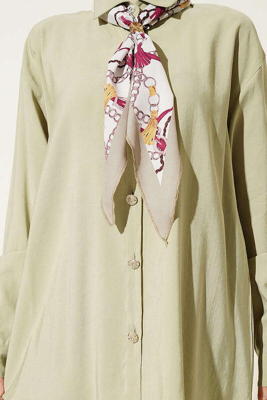Modal Two-Piece Set with Stone Buttons and Scarf, Pistachio Green