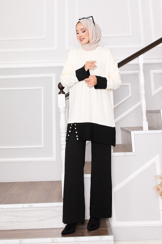 Ensemble tricot bicolore avec boutons en pierre, couleur crème