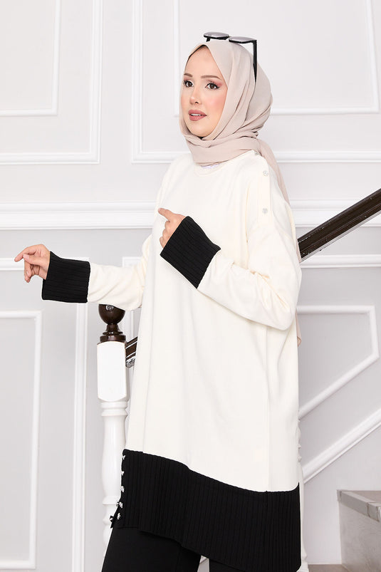 Ensemble tricot bicolore avec boutons en pierre, couleur crème