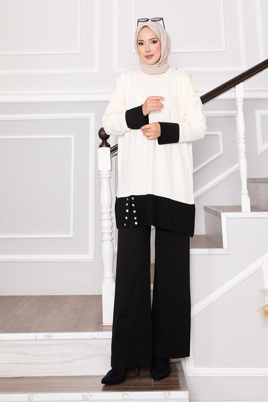 Ensemble tricot bicolore avec boutons en pierre, couleur crème