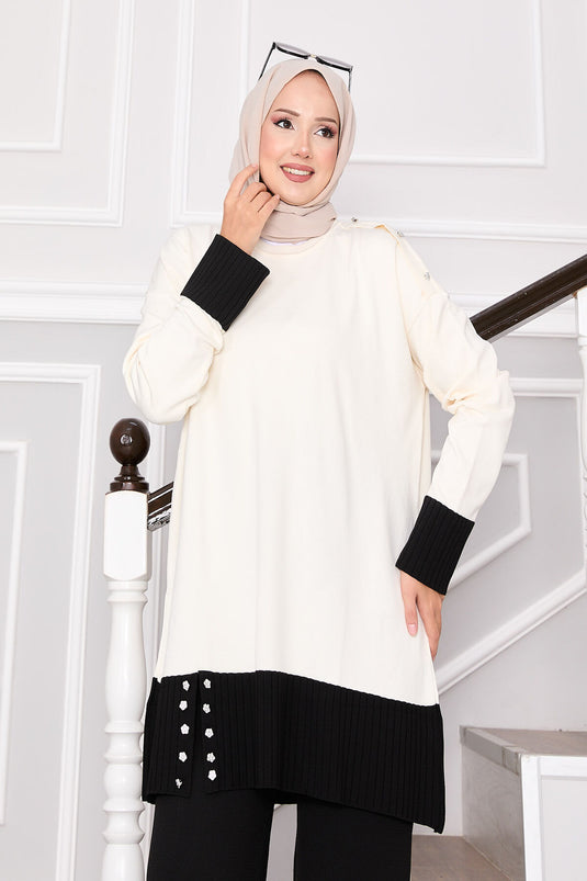 Ensemble tricot bicolore avec boutons en pierre, couleur crème