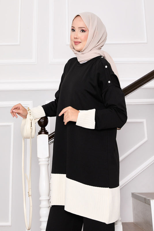 Costume en tricot bicolore avec boutons en pierre, noir