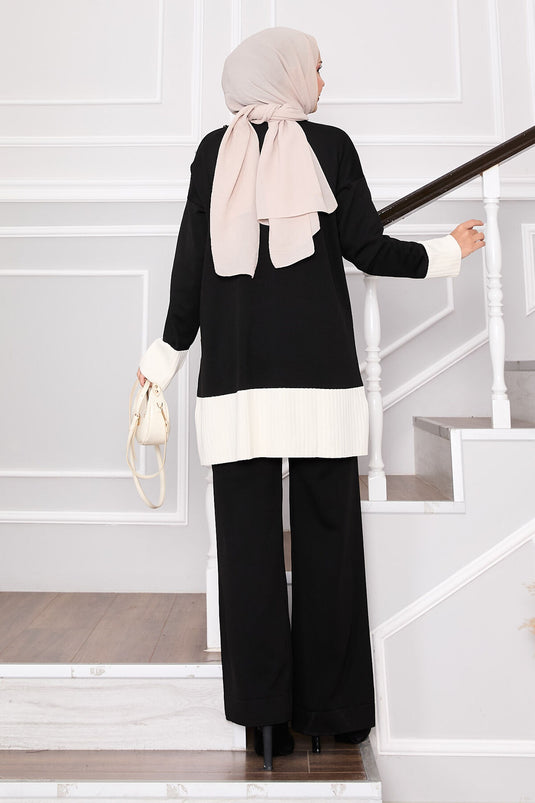 Costume en tricot bicolore avec boutons en pierre, noir