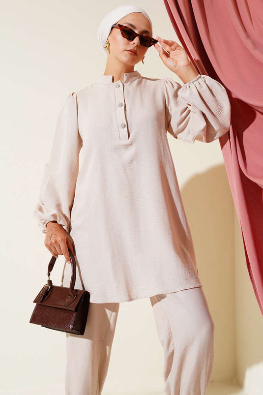 Taş Düğmeli İkili Takım Bej