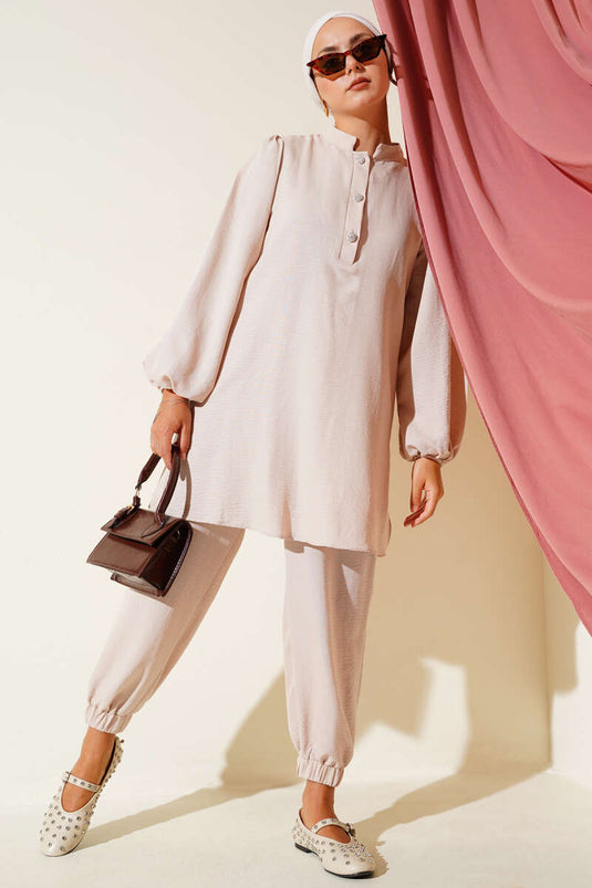 Taş Düğmeli İkili Takım Bej