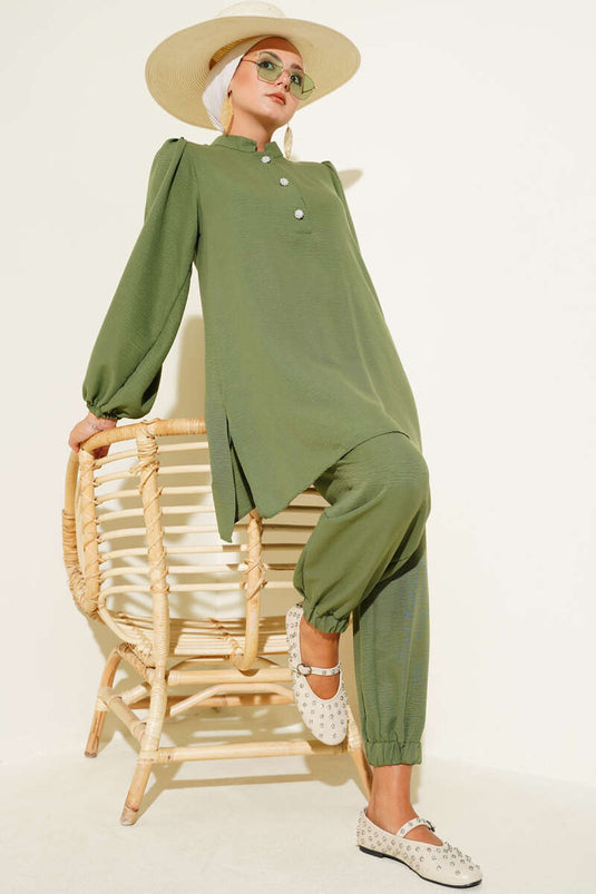 Taş Düğmeli İkili Takım Haki