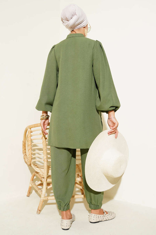 Taş Düğmeli İkili Takım Haki