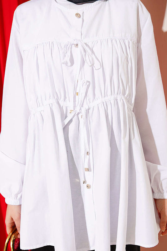 White Shirt with Stone Buttons and Drawstring Tie