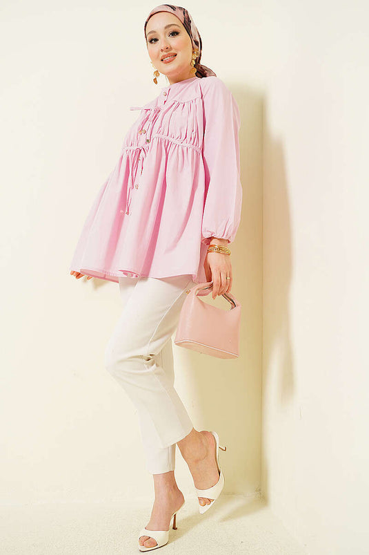 Pink Shirt with Stone Buttons and Drawstring Tie