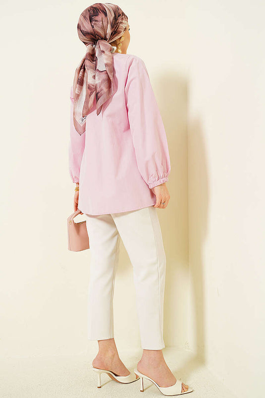 Pink Shirt with Stone Buttons and Drawstring Tie