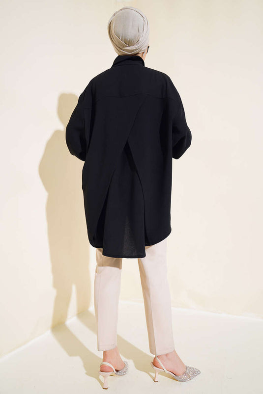 قميص كريب بأزرار حجرية باللون الأسود