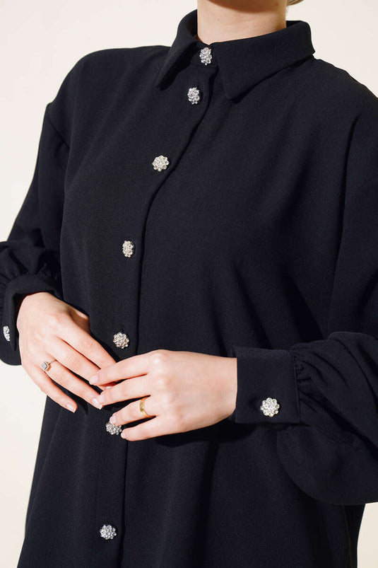 قميص كريب بأزرار حجرية باللون الأسود