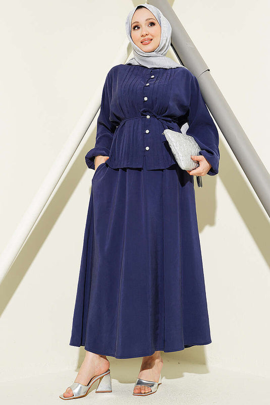 Ensemble jupe en modal côtelé avec boutons en pierre, bleu marine