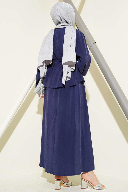 Ensemble jupe en modal côtelé avec boutons en pierre, bleu marine