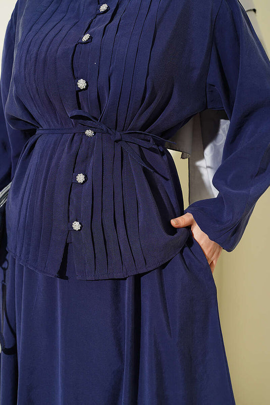 Ensemble jupe en modal côtelé avec boutons en pierre, bleu marine