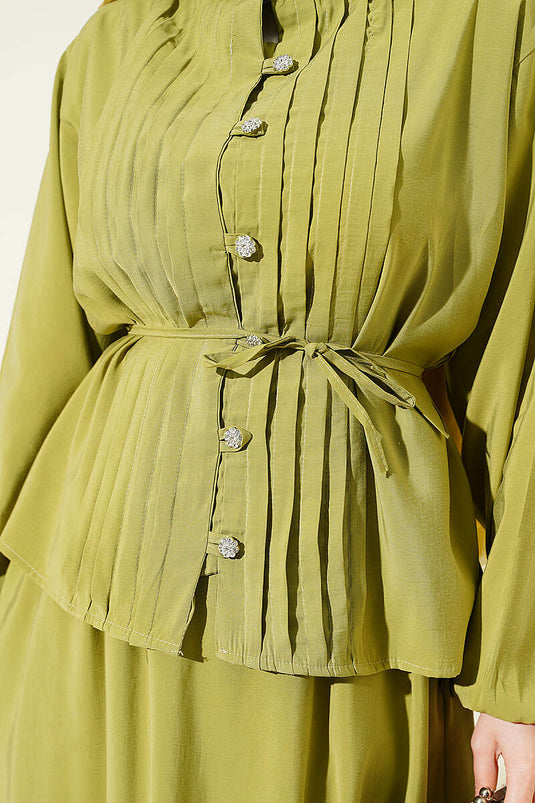 Ensemble jupe en modal nervuré avec boutons en pierre, vert olive