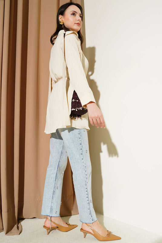 Stone Button Shoulder Pleated Shirt Beige