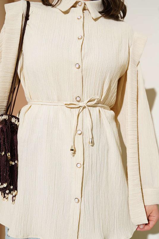 Stone Button Shoulder Pleated Shirt Beige