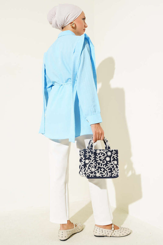 Taş Düğmeli Omuz Pileli Gömlek Buz Mavisi