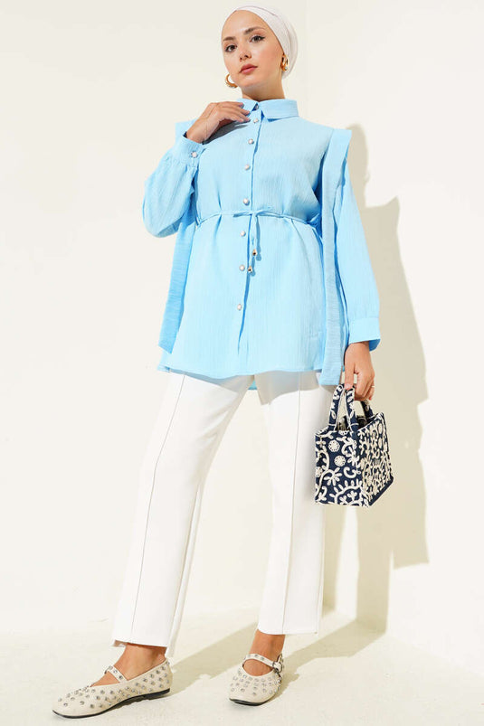 Taş Düğmeli Omuz Pileli Gömlek Buz Mavisi