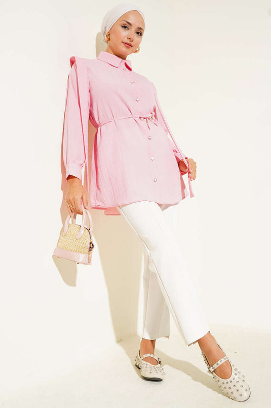 Taş Düğmeli Omuz Pileli Gömlek Pembe
