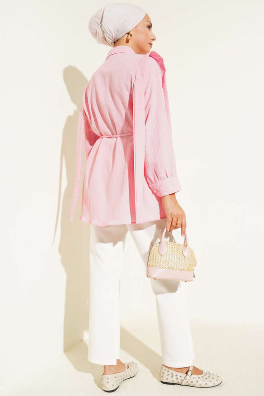 Taş Düğmeli Omuz Pileli Gömlek Pembe