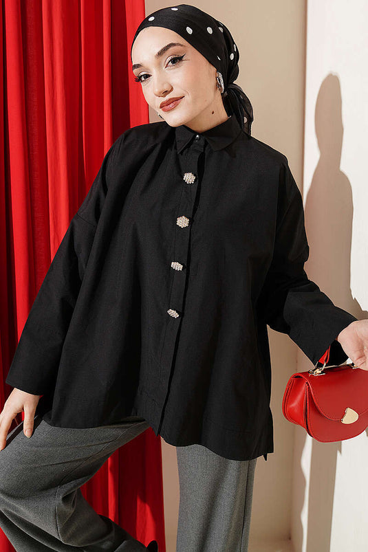 Camicia Oversize con Bottoni in Pietra Nera