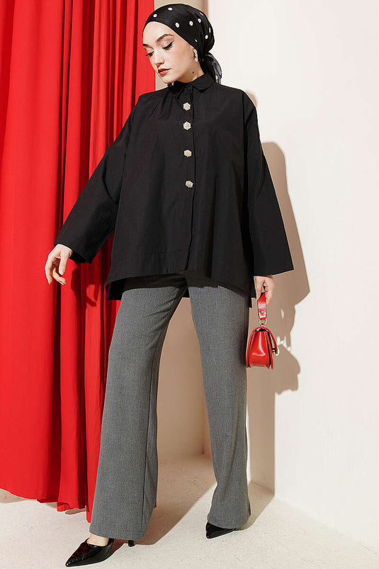 Camicia Oversize con Bottoni in Pietra Nera