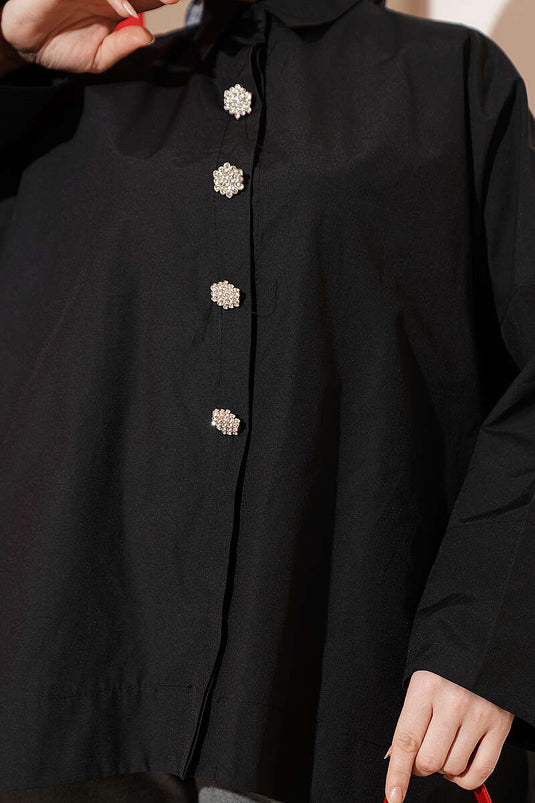 Camicia Oversize con Bottoni in Pietra Nera