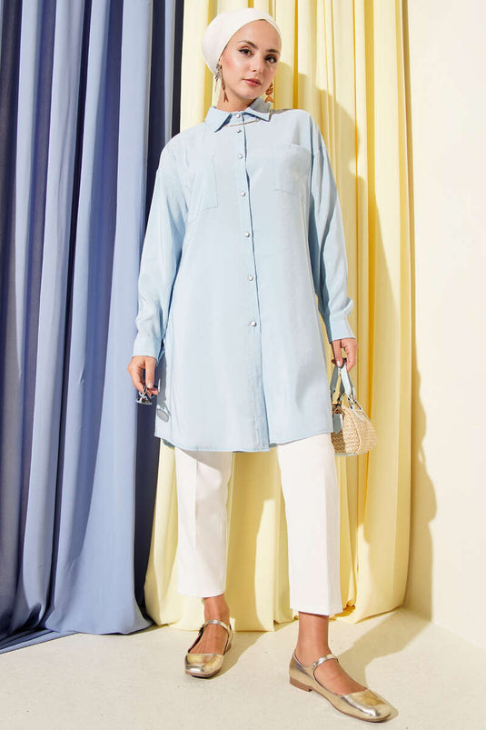 Stone Buttoned Long Tunic Baby Blue