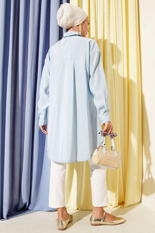 Stone Buttoned Long Tunic Baby Blue