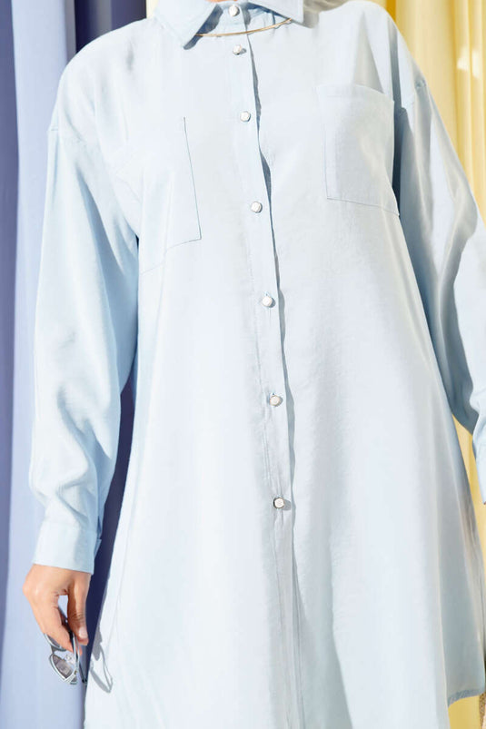 Taş Düğmeli Uzun Tunik Bebe Mavi