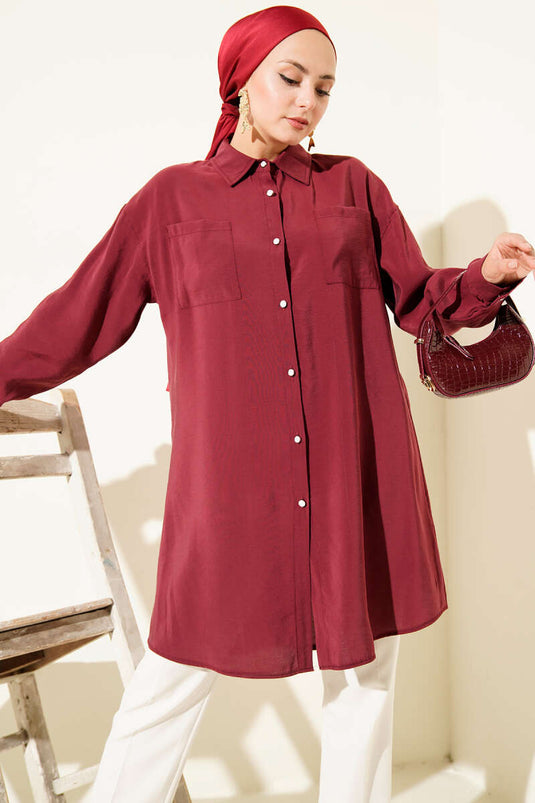 Stone Buttoned Long Tunic Burgundy