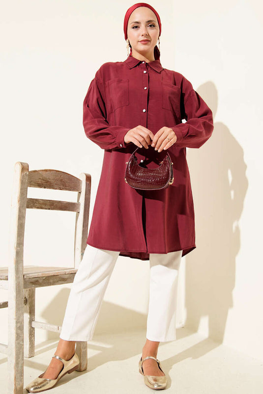 Stone Buttoned Long Tunic Burgundy