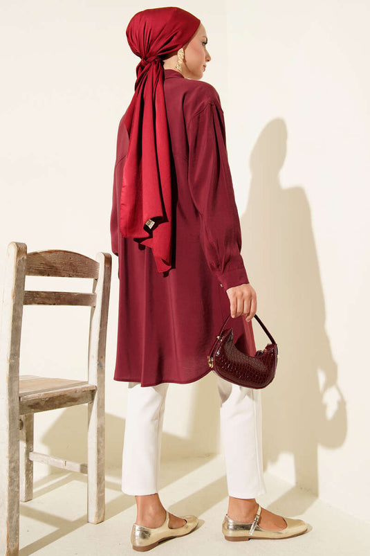 Stone Buttoned Long Tunic Burgundy