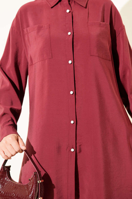 Stone Buttoned Long Tunic Burgundy