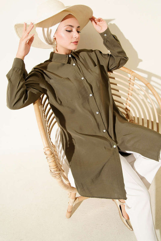 Lange tuniek met stenen knopen, kaki