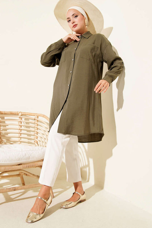 Lange tuniek met stenen knopen, kaki