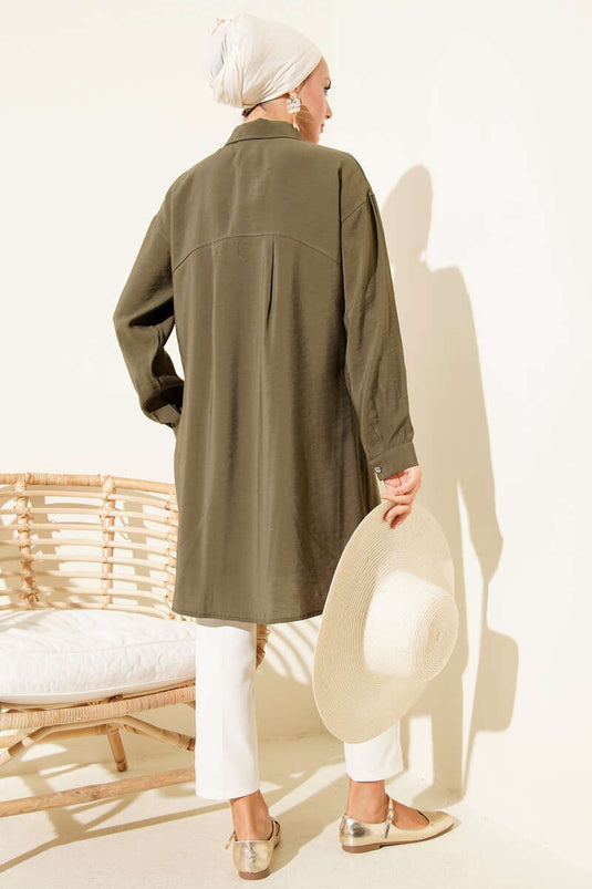 Lange tuniek met stenen knopen, kaki