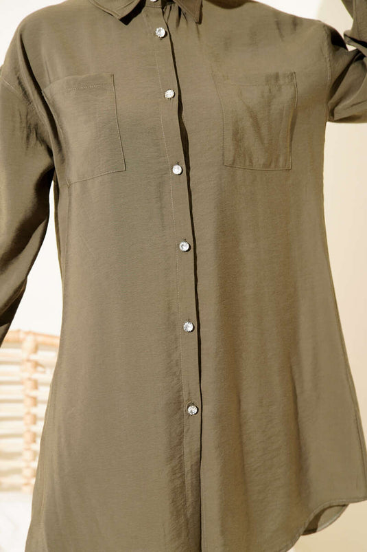 Lange tuniek met stenen knopen, kaki