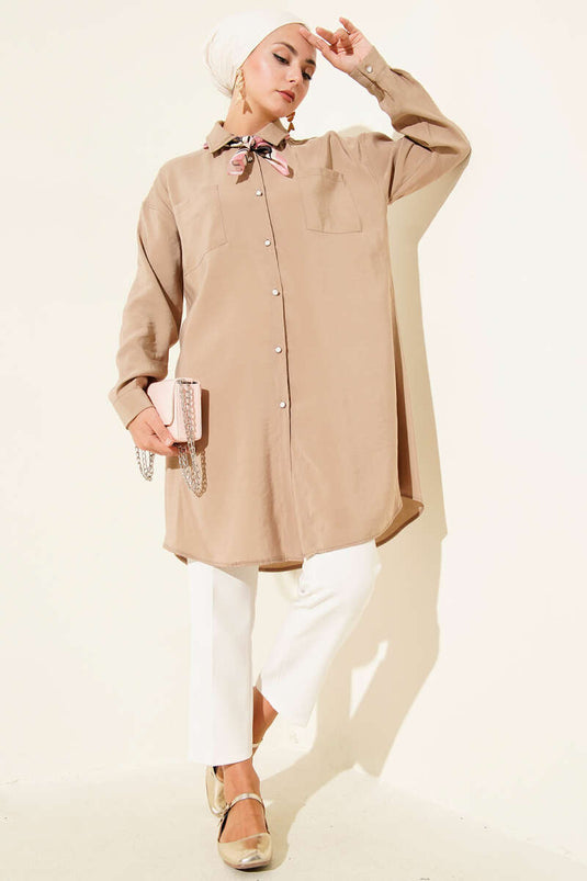 Stone Buttoned Long Tunic Latte